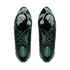 Birdies The Heron Embroidery Velvet Flat in Dark Green size 6.5 NEW